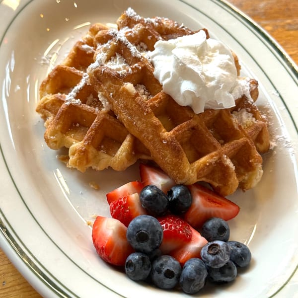 Golden waffle with powdered sugar and whipped cream, served with fresh strawberries and blueberries.